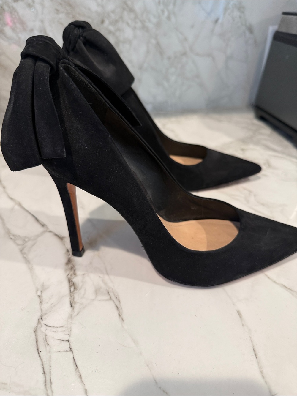 SCHUTZ Black Suede Pointed-Toe Bow Stiletto Heels